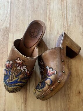 Penelope Chilvers Brown Leather Embroidered Clog Mules